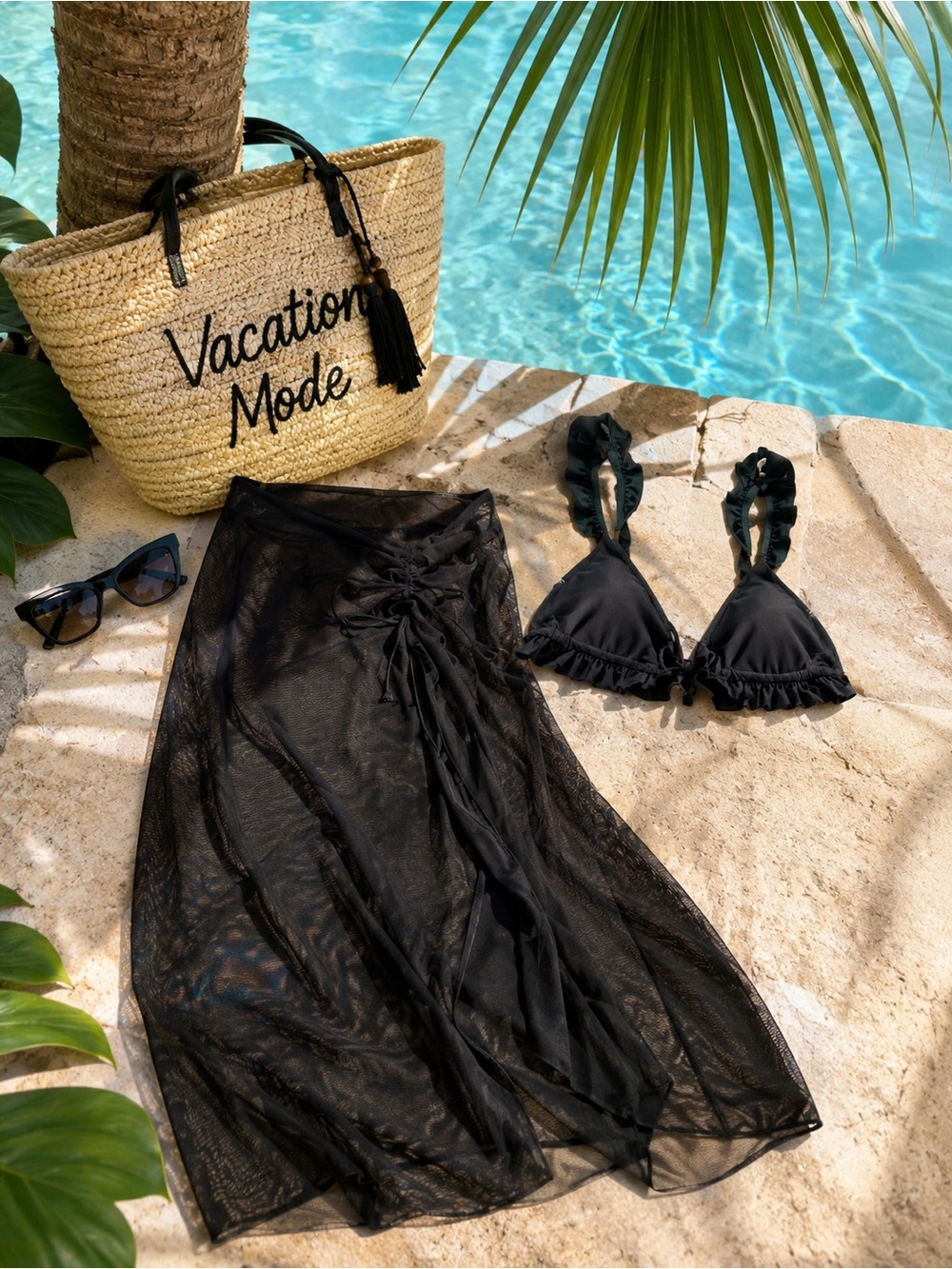 Black Sheer Mesh Resort Cover-Up Wrap + Free Matching Bikini Top